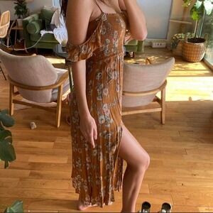 UO Mustard Yellow Floral Cottagecore Tank Maxi Dress with Slits Size S
